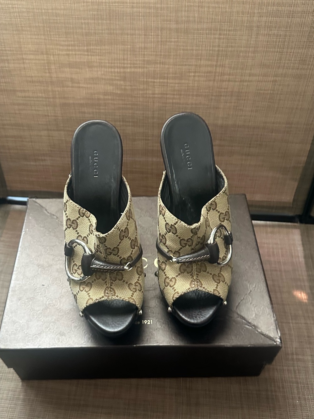 Gucci Beige GG Canvas Horsebit Open-Toe Mules